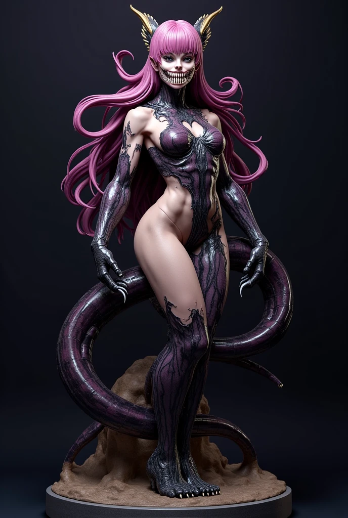 Red demon tree, full panorama of demon tree, demon tree with a goddess face, a kneeling woman is being devoured by the demon tree, and the demon tree is integrated only to expose the chest and face, perfectly integrated, the chest is covered with tentacles, and the details are fine. Anime. Tentacles, tentacles surrounding, entwined black tentacles, some tentacles touching her, huge greasy tentacles and eyes, many tentacles that were sucked. Hybrid, biomechanical Oppein, many tentacles, slime and tentacles, twisted tentacles