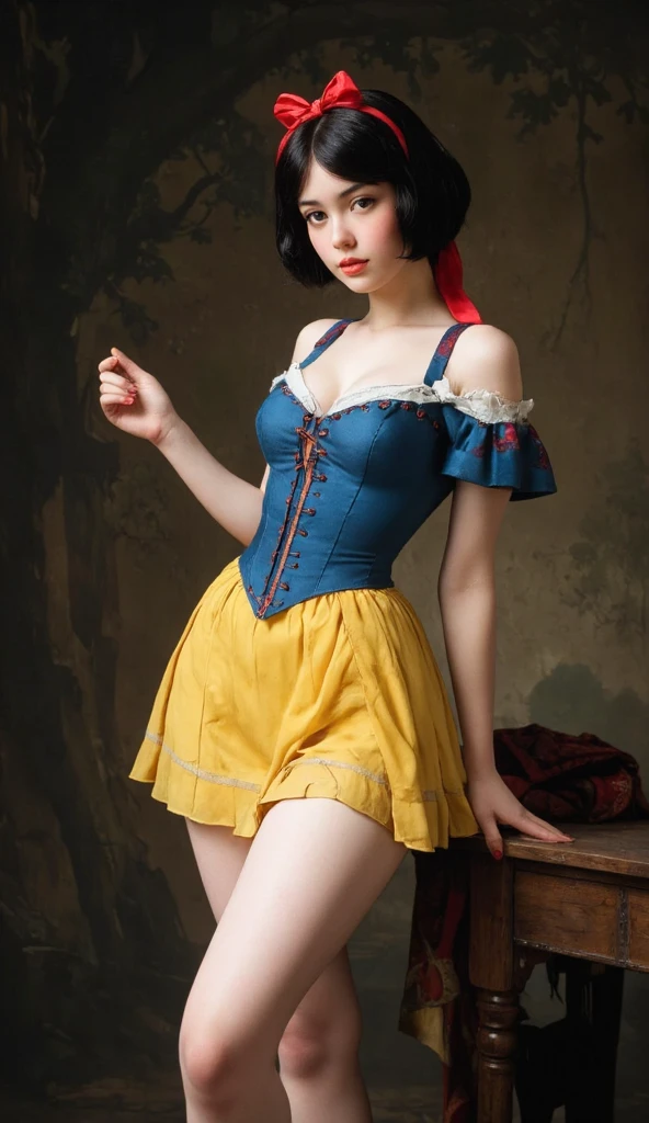 A cute woman (age 25, matching hair, disney character themed sexy outfit) is doing a disney themed fashion show, glamorous poses in the spotlight on the run way, show her full body