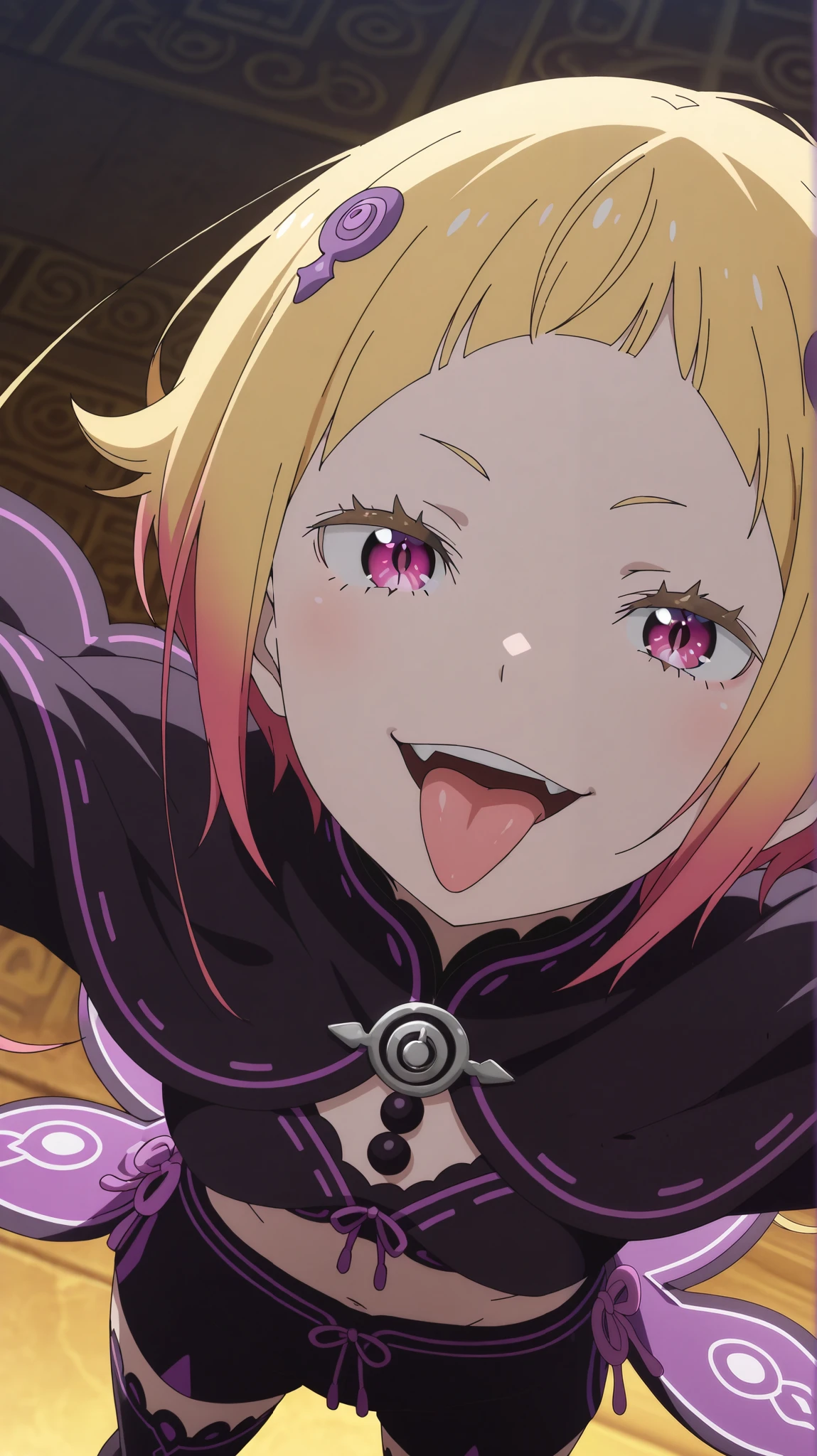 , Capella,re:zero
High quality , best quality , masterpiece, High Resolution , detailed face( LoRA: Capella),anatomically correct, detailed hairstyle( LoRA: Capella),anime Coloring
solo, 1 girl
,multicolored hair,blonde hair,short hair,pink eyes,
, purple midriff,black shorts,black thighhighs,hair ornament,
, close-up, looking at viewer,from above,upper body
smile,open mouth,, smirk,tongue out,spread arms