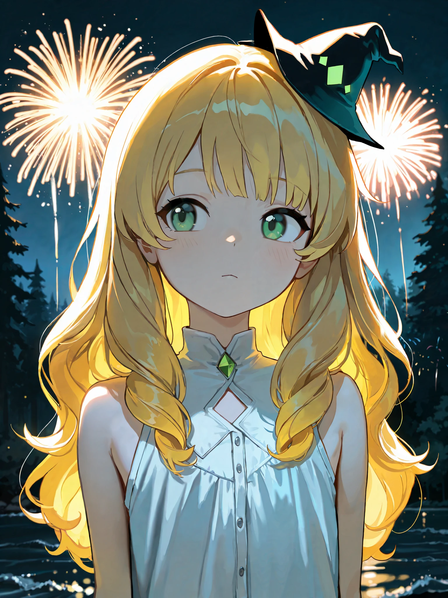 (masterpiece), top quality, completely complete, solo, small, Light color,
long hair, wave hair, short bang, Blonde Hair, green eyes, Flat chest,（witch:1.5),（red witch robe), small pointy hat, The inner is a white sleeveless shirt,
forest,  Night ,   Fireworks  , (close-up:0.8), 