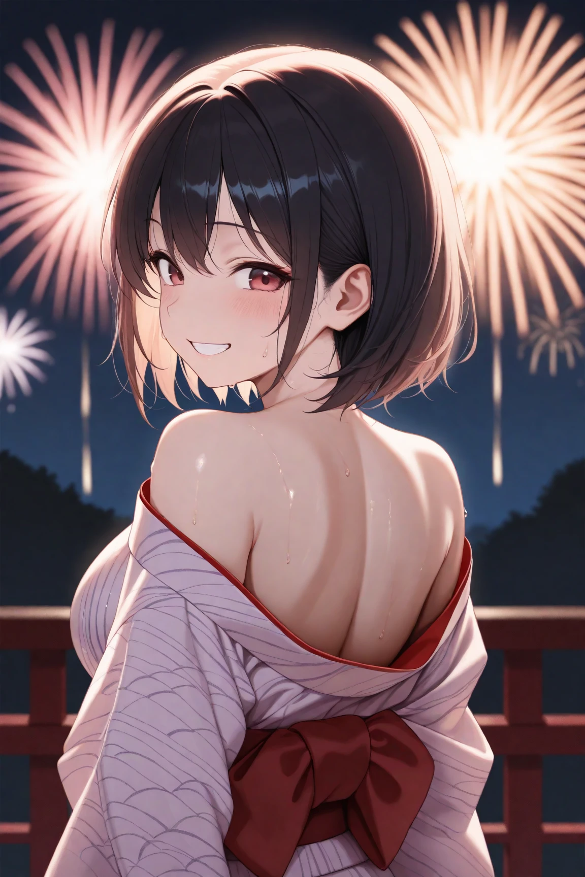 (SFW:1.8、masterpiece, Highest quality),女の子1people々々, 一people々々in, Absurd、現実inは捉えられないディテールと美しさ、hyper Realistic, Realistic,Realistic, Looking at the audience, 美しいbangs:2、魅力的なbangs:2、bangs:2、), Mouth closed, Big Tits Eyes、eyelash、 whole :2、(((Eye highlightsを加える:1.4、Long Hair、She is very 美しい and cute、Show me your ears、Beautiful long neck:1.8、smile、Close your mouth and smile:1.5、bangsと美しい歯)))、Ideal body type、((firework、Night Sky、Night Skyに美しいfirework、))、Beautiful long neck:1.6、Perfect Anatomy、people々Beautiful pads that make you feel happy:2、自然in快適な照明、Keep an eye on your audience、Shadow Fade、Listen carefully、((Black Hair、Red yukata、White hair band、Red eyes))、A starry sky、Rich nature background、fireworkの光、Off the shoulder、Underwear is visible、the chest is slightly visible、Open yukata、The yukata is a little off、Cleavage、White underwear、White Lingerie、Sweat、Night Sky、firework、On all fours、Eye highlightysterious face、Backlight、Lift your butt up high、低いOn all fours