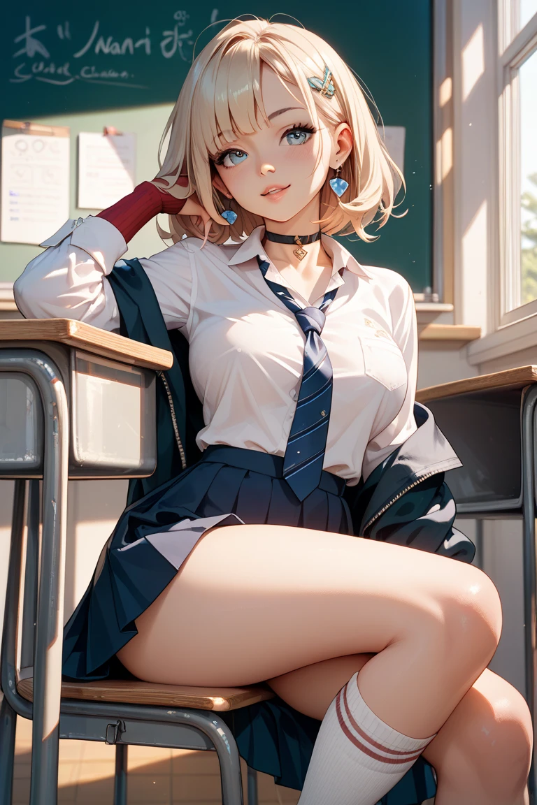 Transcendently Beautiful Girl, evil smile, (masterpiece face, masterpiece eyes:1.3), (blonde side ponytail, one side up:1.3), BREAK, (long eyelashes, red lips), (deep skin, dark skin:1.3), choker, piercing, Scrunchie on wrist, (JK gal:1.3), (white short sleeve blouse),
(Navy plaid ribbon and pleated skirt), cardigan wrapped around waist, (loose-socks), loafers, Huge_breasts, wide_lower back, thick thighs, full_body, sitting, professional lighting, best quality, masterpiece, ultra detailed, captures a super cute moment, depth of field, ultra high resolution, fine details, 16k wallpaper,