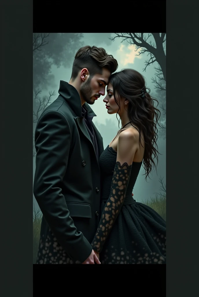 The scene is in a black bloody area with dark clouds rain and thunderstorm a man in a suit with brown wavy hair is seen sitting on the floor with his dead wife's  in his arms she's wearing a black layer dress and has brown hair her eyes covered by a ribbon