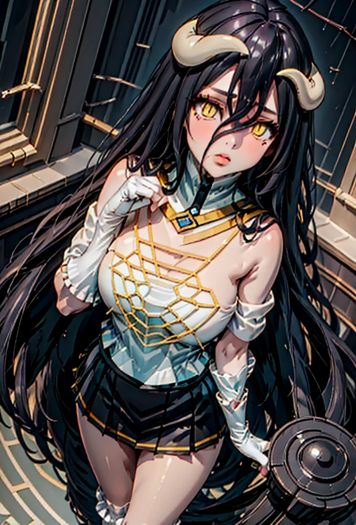 masterpiece, highest quality, Very detailed, figure, Spectacular lighting, Structure of the film, Isoscale,(六horn形:1.2), One girl, horn, alone, Yellow Eyes, Black Hair, Long Hair, (Low Wing:1.2), elongated pupils, Cleavage, Exposing shoulders, Hair between the eyes, Medium chest, (Jet Black Dress:1.1), (((((Gorgeous Dress))))), Detachable collar, Sitting, Kneel, View your viewers, Half-closed eyes, (View your viewers:1.1), Lips parted, blush, Black feathers fall, Audience Room, Particle Effects, (8k:1.1)