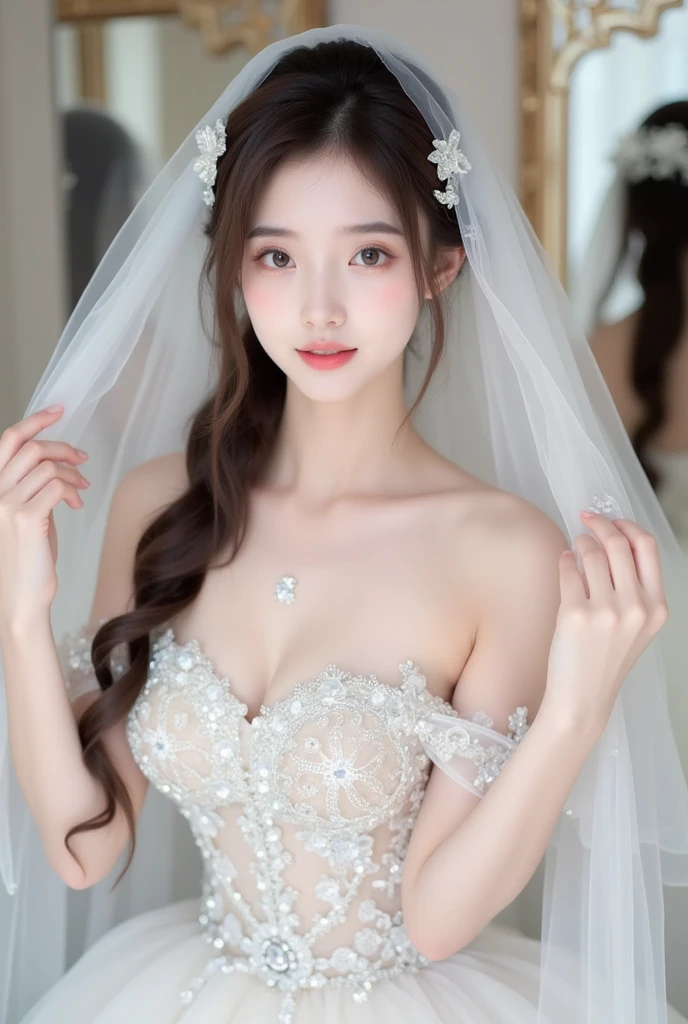 8k, Ultra-high resolution, Highest quality, masterpiece, 三分割法によるphotograph,Surreal, photograph, 1 Girl, (:1.3), pretty girl, Cute Face, Beautiful eyes in every detail, 細かくdetailedに,masterpiece,One Girl:1.2,Japan Female Teachers,extream close up,sad,light smile,Long black hair,Straight long hair,(印象派の美しい少女のPortraiture),(Impressionist light and colour), (Gray background:1.3),(White Wedding Dress:1.3),(Fairy, bride, Shiny Hair, Beautiful dark eyes, So cute and beautiful,16 years old0.8),Sharp contours,Looking down, (Wedding Veil,White lace), Light from above, (Side view),, Perfect and beautiful face ,完璧でCute Face, Skin with attention to detail, Perfect limbs、Narrow waist,Looking at the audience,(((Ideal body type))),A cup small breasts :2,Portraiture:2,Perfect Anatomy,鮮明なdetailed,detailed,Surreal,Light and shadow,glowing