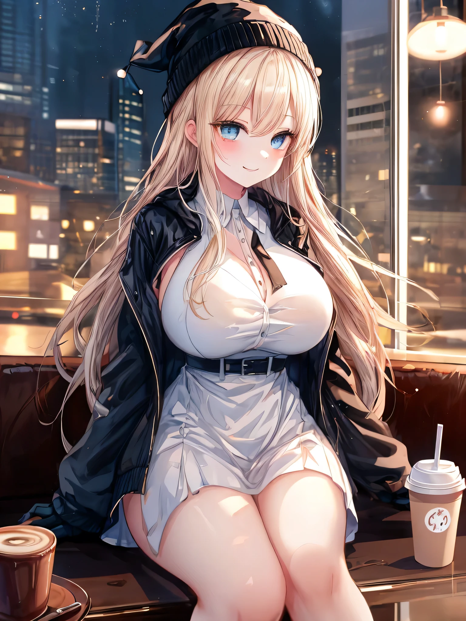 ((A young woman wears a sexy military white dress:1.3, cable cardigan:1.3, close-up of chest:1.37, sexually seductive:1.3)), Mature woman with long hair and white dress, white military uniform, red ribbon, Knee-length boots, green eyes, White hair, green inside, full body, great details, beautiful anime illustrations, 26 years old, Take a break, ((milf:1.5, alone:1.5)), (NRF:1.25), (Sagging breasts, refuge chest, big , Thin waist, big ass:1.2), Increase sexiness, (Ultra high resolution, RAW 8k, Realistic picture, Thin outline:1.3, Focus clearly, best quality, natural light, Textile shading, clear background, depth of field, (Bright pupils:1.2, Beautiful, detailed eyes with highlights.:1.3, Highly detailed eyes, Highly detailed face), red lips, Good realistic skin:1.1, look at the audience:1.3, (Dynamic angle:1.3, Focus Target:1.3), (Many poses:0.0, sexy pose:1.3, sitting with opening legs shaped M:1.5), (charming, Smile sexy too.:1.4), The picture in the middle:0.2, (Wearing a long blue coat, translucent lace stockings), (((correct anatomy:1.5))), ((perfect hand:1.5, Ideal body proportions:1.37))