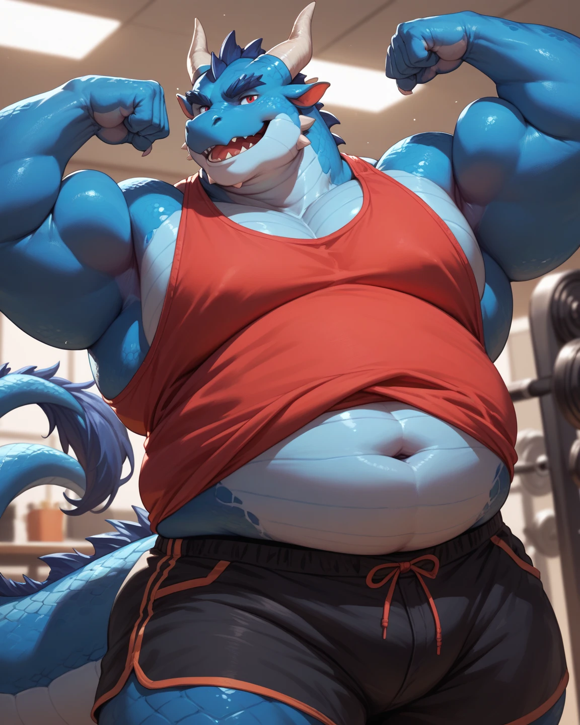 human nature, cannon, male, solitary, ((the strong，Handsome)), (dragon), Chibo，Six-pack abs，(indoor)，Feet facing the audience，Dirty white socks，Blue shorts，Sweat:1.3，high quality, (4K,high quality, high resolution, masterpiece), cartoon,by lindong