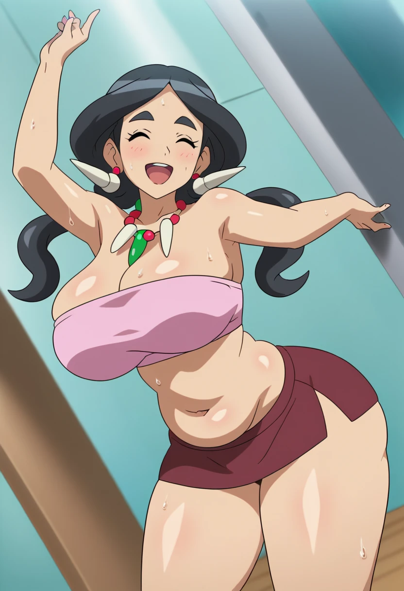 (best quality,ultra-detailed,realistic:1.37) Kagome Higurashi, mai shiranui from the king of fighters, beautiful detailed eyes,beautiful detailed lips,smiling with happiness, 25yo, Japanese mature female, wearing a green short kimono, matured face, blushing, joyful expression, dynamic pose, big breast, big hips, full body view, big body, thick, (Curvy:1.35), ((Master piece)), best quality, perfect bodies,beautiful detailed eyes, extremely detailed face, perfect lighting, long black hair, golden eyes,