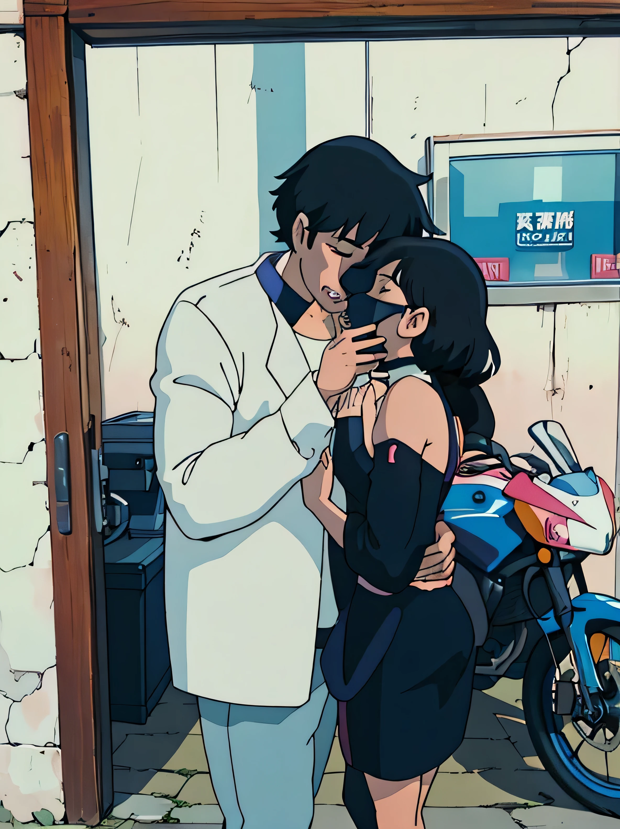 there is a man and woman standing in front of a motorcycle, couple pose, couple, 😭 🤮 💕 🎀, by Nándor Katona, 😭🤮 💔, lovely couple, with her long, in love selfie, 😭 🤧 💔, they are in love, 📷 mungojerrie and rumpleteazer, 👰 🏇 ❌ 🍃ghibli style, ((masterpiece)),((best quality)),(detailed),Illustration,8k,colorful, high contrast