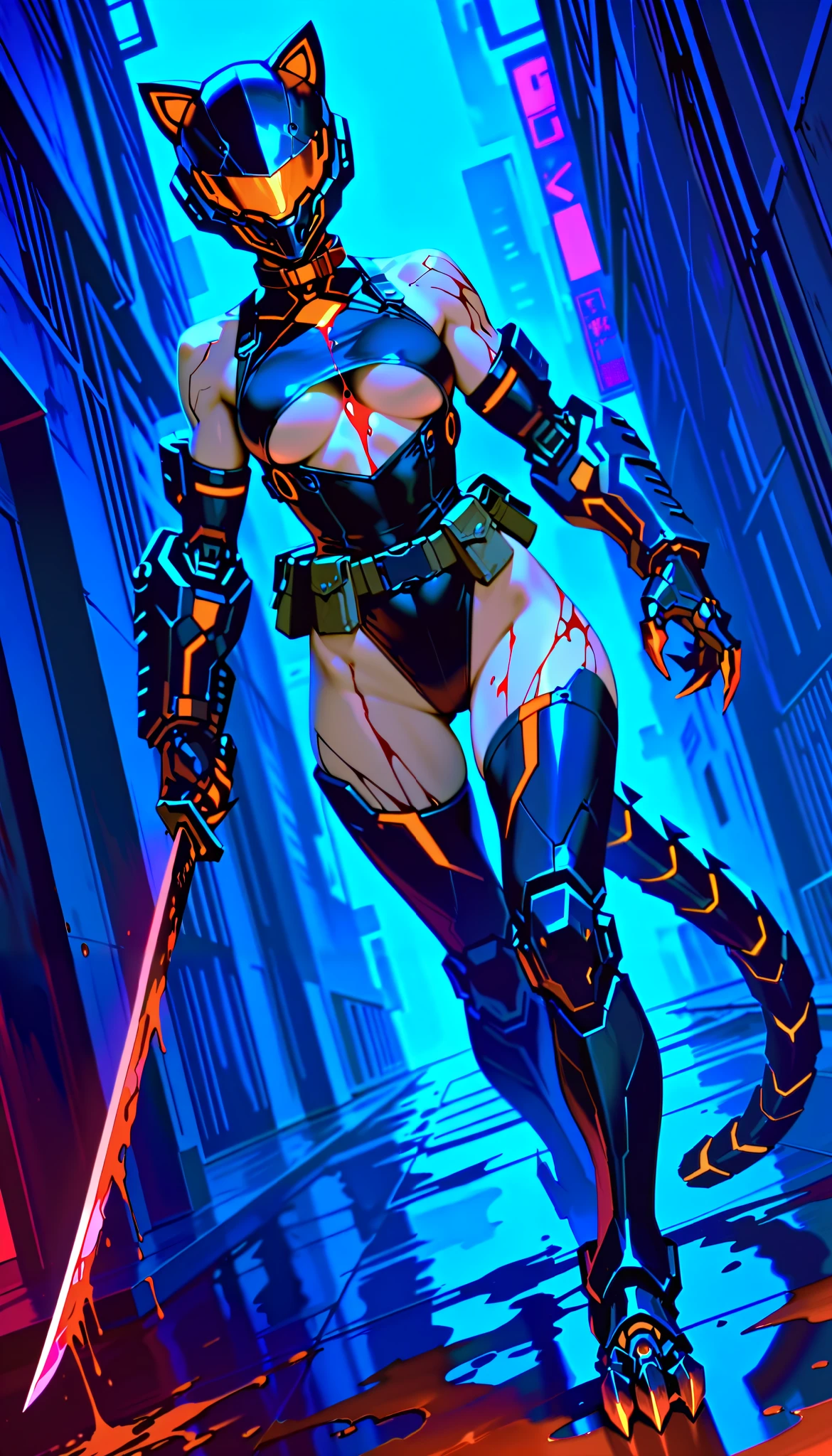 Best quality, masterpiece, (((1girl))), (((solo))), dense cyberpunk city background, dense city street, neon lit street, raining, night time, wet skin, cyberpunk, anime, full-face helmet with cat ears, black helmet, red glowing cat ears, hourglass figure, toned body, athletic, skimpy clothing, (((black leotard))), underboob cutout, (((underboob))), black tactical gear, skimpy tactical gear, (((holding katana))), (((covered in blood))), (((blood splatters))), (((blood everywhere))), (((blood all over body))), (((gore))), (((view from ground))), (((cat eyes visible in helmet))), black thigh highs, red and black tactical gear, glowing neon red katana blade, (((blood dripping from katana))), (((blood dripping from claws))), (((bloodbath))), (((mechanical tail))), (((segmented tail))), (((metallic red claws))), (((metallic red helmet visor))), tactical chest harness, tactical knee pads, tactical elbow pads, tactical gloves, tactical thigh harness, (((tactical utility belt))), (((tactical body harness))), (((cybernetic legs))), (((cybernetic lines on skin))), (((dutch angle))), (((hand in claw shape))), (((hips cocked))), (((shoulders visible))), black arm bands on biceps, (((medium breasts))), cybernetic legs, (((mechanical claw feet))), (((walking towards viewer))), (((sexy walk))), one katana, mechanical skin, oversized left hand, (((red cat collar))), (((red and black tubes on arms)))