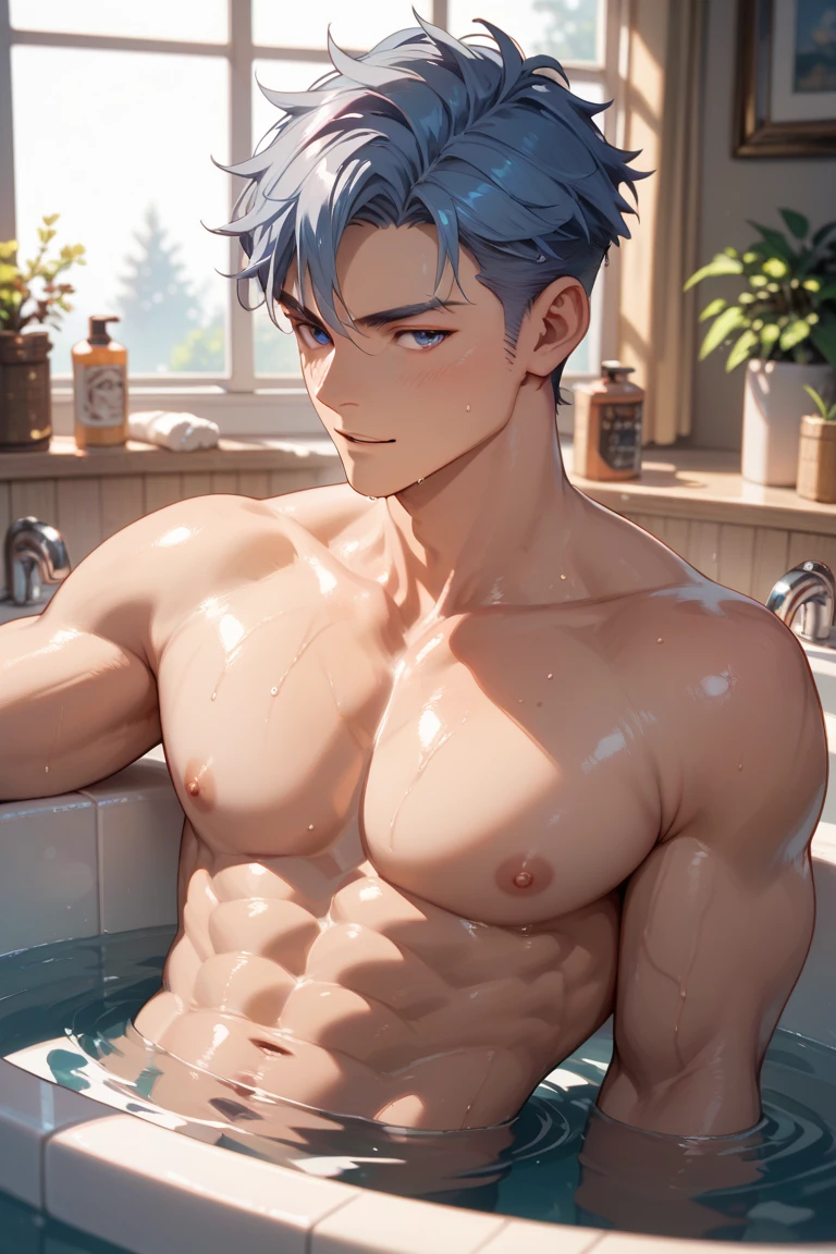 Genshin impact, A handsome man with a big chest in a bathtub, bubble bath, big pecs, big dick, big penis, masturbating, jerking off, orgasm, cum, cumming, ahegao, attractive male, sexy masculine, relaxing, handsome male, oppai, oppai proportions, cinematic lighting, nsfw, ((best quality)), ((masterpiece)), (detailed)