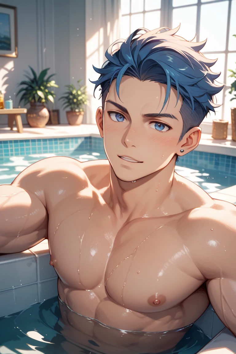 1boy, ((bara:1.5)), sport body, sexy, spread legs, detailed face, detailed hands, detailed legs, detailed fingers, detailed hair, detailed eyes, detailed skin, dynamic lighting, (detailed lighting:1.2), (detailed textures:1.3), (realistic lighting:1.2), realistic shadows, realistic skin, (photorealistic:1.4), 8k uhd, (hyper realistic), (photo realistic), (masterpiece), (best quality), body paint, naked, bare chest, flat chest, bare shoulders, bulge, underwater, wide angle, swimming, athletic body, male, iridescent skin, perfect eyes, messy green hair , bio-luminescent