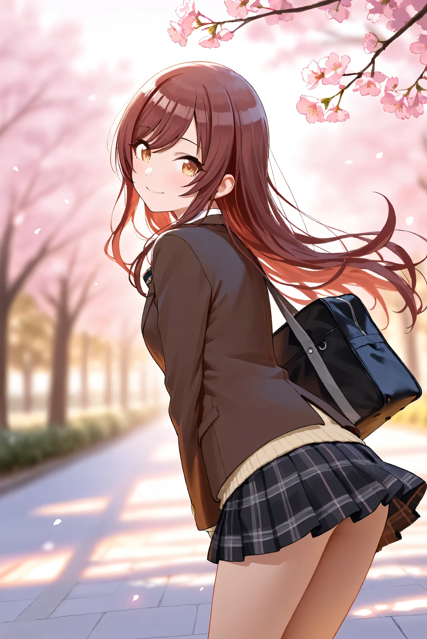 (Masterpiece), (Highest quality), (Very detailed), 
(The best shape), (Best Shadow), (Absurd), 
(Detailed background), (So beautiful), Shiny , 
Extraordinary, Countershading, 8k, 32K, High resolution, Beautiful eyes in every detail,
Very Detailed CG, UHD,

Score_9, Score_8_up, Score_7_up, Source_anime, 
(Pastel painting:1.2), (Watercolor painting:1.2),
(Masterpiece, Detailed:1.2), (Foreshortening:1.2),

Cinematic, Dramatic, (Depth of field:1.4),
(Blurry background:1.4), (Realistic background:1.4),
Dynamic angle, 1 girl, backlighting, from back,
Outdoor, Spring, (Cherry blossoms:0.8), (Evening:1.2),
Wind, Nature,

Osaki Amana,
the idolmaster shiny colors,
amanaosaki,
red hair, brown hair, yellow eyes,

(School uniform:1.3),
Blazer, Brown blazer,
Sweater, Khaki sweater,
formal shirt, White collar shirt, tie, black tie,
miniskirt, black skirt, Checkered Skirt,
School bag,

Cowboy shot, Focus on face, 
(Blush:1.3), Happy, smile, looking back, Leaning forward,
Realistic skin, Shiny skin,