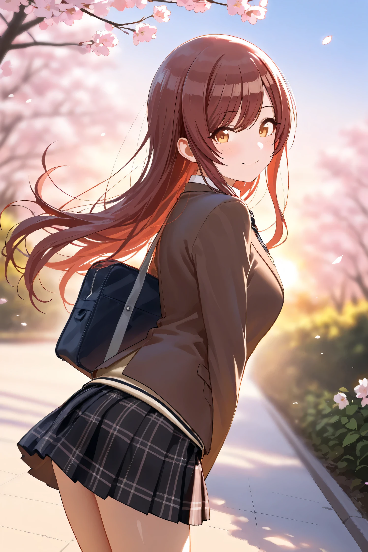 (Masterpiece), (Highest quality), (Very detailed),
(The best shape), (Best Shadow), (Absurd),
(Detailed background), (So beautiful), Shiny ,
Extraordinary, Countershading, 8k, 32K, High resolution, Beautiful eyes in every detail,
Very Detailed CG, UHD,
Score_9, Score_8_up, Score_7_up, Source_anime,
(Pastel painting:1.2), (Watercolor painting:1.2),
(Masterpiece, Detailed:1.2), (Foreshortening:1.2),
Cinematic, Dramatic, (Depth of field:1.4),
(Blurry background:1.4), (Realistic background:1.4),
Dynamic angle, 1 girl, backlighting, from back,
Outdoor, Spring, (Cherry blossoms:0.8), (Evening:1.2),
Wind, Nature,
Osaki Amana,
the idolmaster shiny colors,
amanaosaki,
red hair, brown hair, yellow eyes,
(School uniform:1.3),
Blazer, Brown blazer,
Sweater, Khaki sweater,
formal shirt, White collar shirt, tie, black tie,
miniskirt, black skirt, Checkered Skirt,
School bag,
Cowboy shot, Focus on face,
(Blush:1.3), Happy, smile, looking back, Leaning forward,
Realistic skin, Shiny skin,