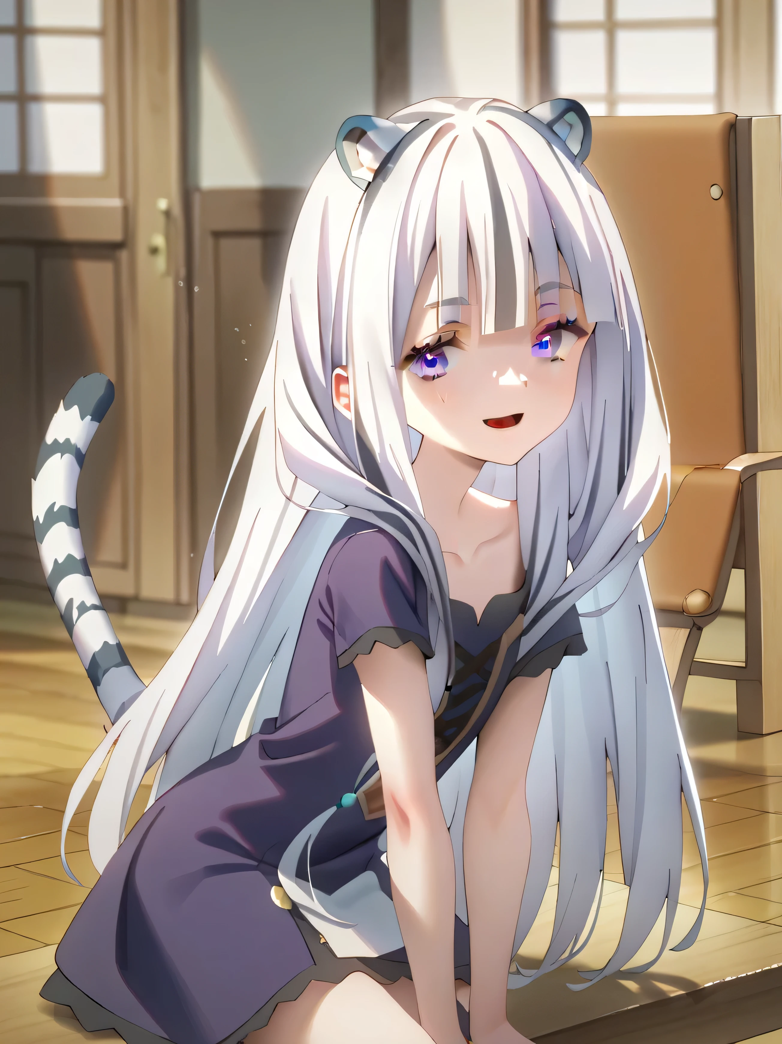 atla pheon, Girl ,  wearing a purple dress, High resolution, long hair, looks at the viewer,  Smile, open mouth, white hair, blue eyes, Half-lidded eyes, white Tiger Ears, white Tiger Tail, playing in the woods, anime, Anime style, Masterpiece, HD model, high quality foam, Very detailed, High detail