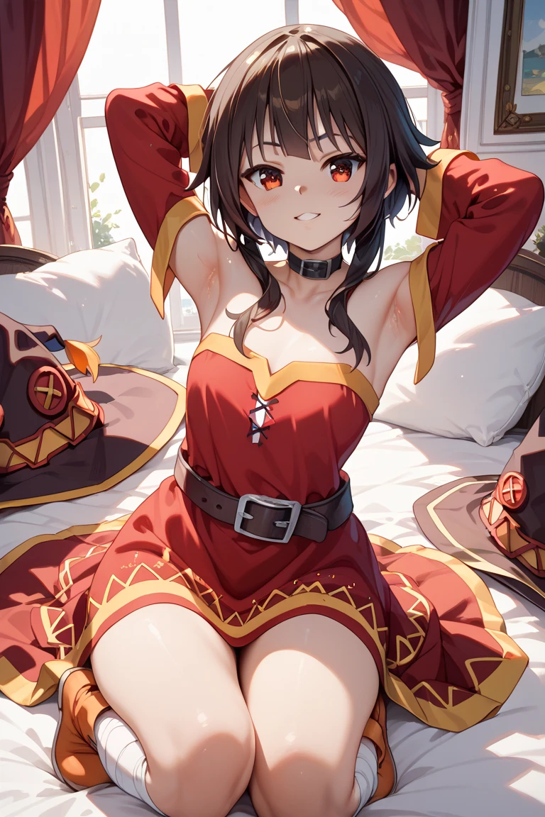 (masterpiece, best quality), best quality, (ultra-detailed), (3heads:1.5), 1girl, (yumemi okazaki:1.3), masterpiece, best quality, ultra quality, ultra resolution, ultra detail, red top, crop top, ((stomach)), midriff, ((groin)), red skirt, normal ears, shackles, dark red hair, very long hair, wavy hair, red eyes, parted lips, sweat, super cute, open belly, toned belly, hand on own chest, eyelashes, (24 year old woman:1.3), (masterpiece:1.5), (best quality:1.5), (beautiful detailed), extremely detailed CG, extremely delicate and beautiful, depth of field, (finely detailed face), (perfect details:1.2), (mature female:1.3), wide pelvis, slender, large veiny breast, 16k resolution, highres, very high quality, very high definition, extremely detailed, masterpiece, dark red hair, long hair, alluring presence, braid, short skirt, close up, big tits, young, midriff, nsfw,
