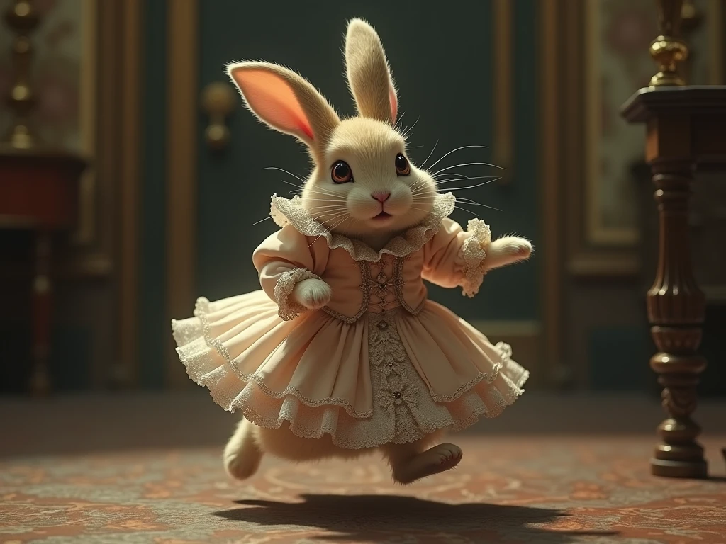 Rabbit in victorian dress running scared - SeaArt AI