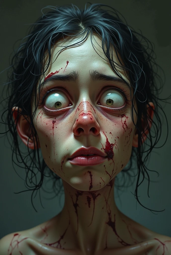 masterpiece, Highest quality, View from above, One girl, ((naked)), ((pale_skin)), (((Straddle a man))、((((Female organ)))、((A body covered in filth))、Sharp teeth, Horror, Messy Hair, look up, Makeup running down,, Horror, Devilish Laugh, spooky, Broken black piemas, , Kneel on the floor, Wooden chamber, (血まみれの奇妙なspookyサイン, Wounded), ((Blood splattered on the floor)), darkness, Cruelty, Low Light, Ultra-detailed, expensive_resolution