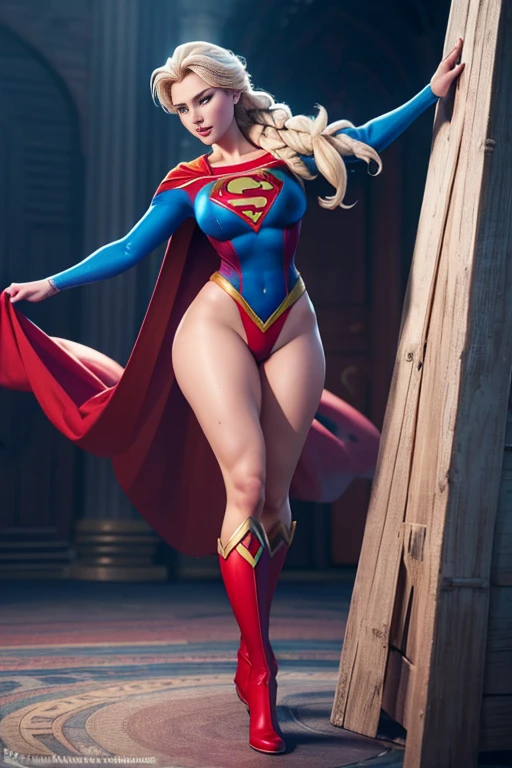 Busty cute girl, enormous breasts volume, (muscle strong arms and abs and legs), tight supergirl costume and cape, city background