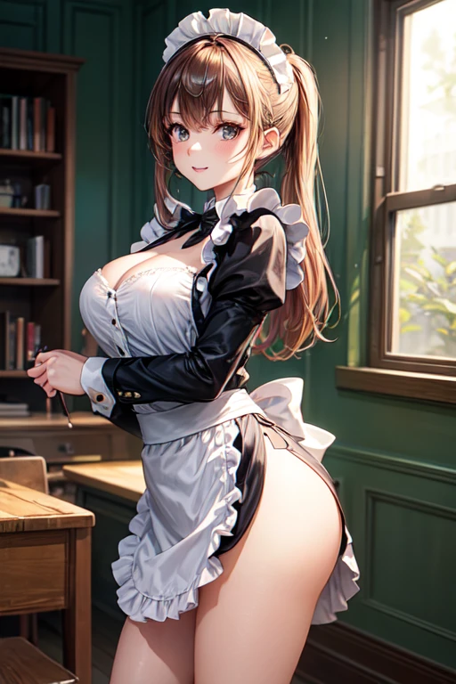 (((masterpiece, Highest quality, High resolution, 超High resolution, Perfect Pixel, Depth of written boundary, 4K, RTTX 10.0))), Beautiful Anime Woman, Beautiful art style, Anime characters, ((Smooth texture, Realistic texture, Anime CG Style)), Exact finger count、Exact number of legs、(Exact number of arms:1.0, Exact number of hands:1.0), (Perfect hands, Perfect Anatomy), Cinematic, Realistic, Extremely detailed CG, Daytime lighting, Perfect lighting, Best Shadow, The best natural light, whole body, Perfect body, バランのとれたPerfect body, Perfectly balanced style, Slender body, ((Long Hair, bangs, Reddish brown hair, ponytail)), ((A cute woman is cooking:1.8)), (pussy juice:1.5), ((Bow tie around neck, High heels:1.3), (Sexy and cute purple underwear:1.3), (Stylish shiny purple satin panties, Side-tie panties, The panties are plain purple in the center with lace decoration on the sides.:1.3), (Thin panties:1.3), (Purple micro lace satin bra, Purple bra with lace trim, Thin bra:1.3), (garter belt, Black knee socks:1.3):1.3), (Beautiful big , Cleavage:1.1), (Embarrassed expression:1.7), blush, (Stylish kitchen, In the middle of cooking, Dishes lined up in the kitchen:1.5), naked, In underwear, Waitress in underwear, (Frilly maid-like headband:1.2), Angle from the front