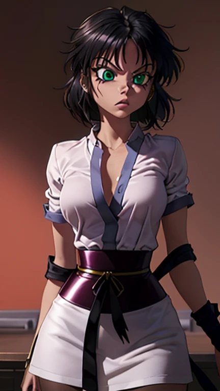 bad Goth girl, bob hairstyle, green shirt, black leather jacket, tomboy, realistic, cabello desalborotado, corte bob, punkrock style, green eyes, beauty girl, angry face, flequillo recto, corte bob de cabello, Mia Wallace cabello, labial , ruda, HD, 4k, ultrarealista, black hair color, buttercup from the superpowerpuff girl but is a adult version, character design