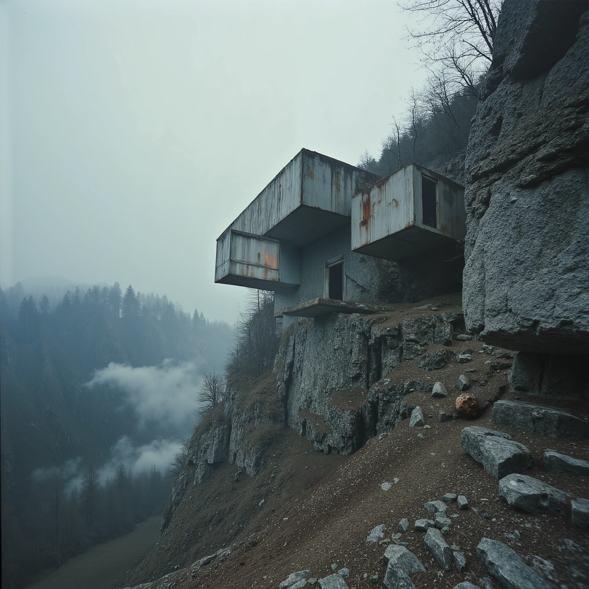 “The Silent Outpost, spectacular and terrifying escapism. A breathtaking yet eerie brutalist remote home outpost, intricately built and clinging to a jagged Scandinavian mountainside, its raw metal and futuristic organic materials seamlessly integrated into the rock face. Designed in the avant-garde styles of Tadao Ando, Kengo Kuma and Atelier Bow-Wow, the structure is both a refuge and a haunting anomaly in the desolate wilderness. Pale mist coils through the skeletal pines, swallowing the distant landscape, while the last traces of a violent, otherworldly sunset bleed into the storm-laden sky—fiery oranges fading into abyssal blues. The air is thick with an unsettling silence, broken only by the wind howling through exposed steel beams. A faint, flickering interior light suggests life within… or something waiting. The atmosphere is drenched in solitude, tension, and the surreal weight of the unknown—an architectural dream on the verge of a nightmare, epic sci-fi world building, spectacular and immersive post-futuristic brutalist homes in breathtakingly surreal landscapes by (SPARTH and Simon Stålenhag), 4k render, intriguing and awe inspiring with a gritty and fascinating yet frightening sense of unease.”