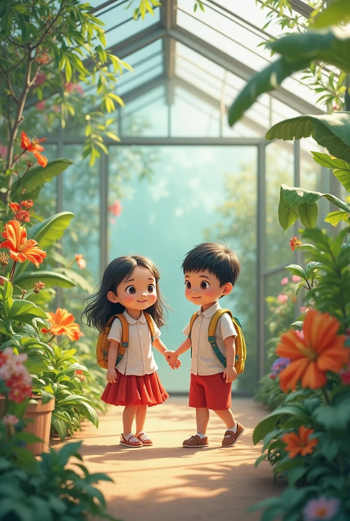 a young boy and girl in a lush green forest, long black hair, full body, long shot, natural warm lighting, photorealistic, 8k, best quality, masterpiece, landscape, vibrant colors, sunlight filtering through the trees, magical realism, ethereal atmosphere