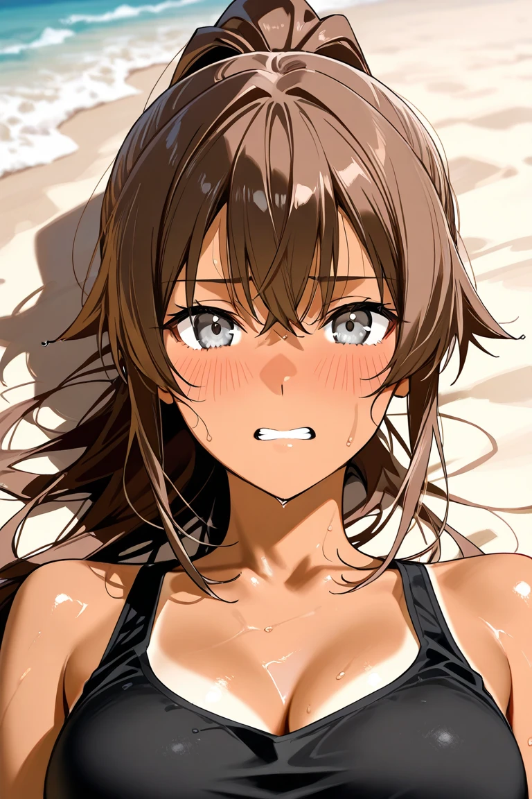 Tanned skinned anime girl, slender yet curved figure, long black wavy hair, wearing a bikini top and cargo pants, extremely hungry and starving, her stomach distended and hands clutched in despair. Her expression is pained and worried, lying on the ground, a punishment for circumstances beyond her control. Ultra-detailed rendering, realistic, 4K resolution, atmospheric lighting, muted earthy tones, textures conveying the girl's tanned and parched skin. The bikini top has intricate patterns, the cargo pants have detailed pockets and folds. Dynamic shadows and soft highlights capture her lean form and amplify