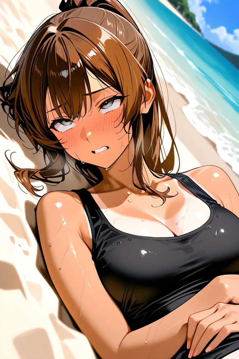 (detailed background), (detailed fingers), (masterpiece), (4k), (best quality), light dark skinned anime girl, dressed in a cute bikini top and flowy skirt, curled up in a peaceful slumber on a grassy hill, ((her hand pressed tightly against her stomach in discomfort)), (long wavy brown hair), (necklace), (wet sweaty body)
