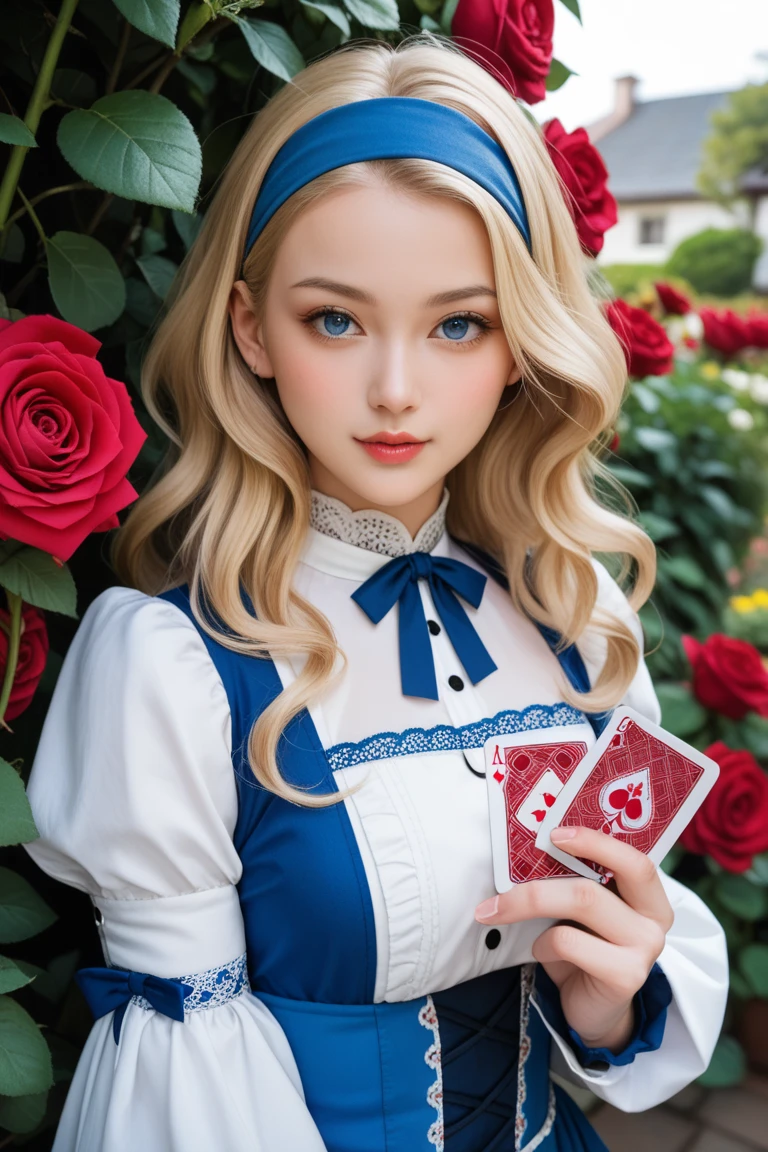 best quality, ultra highres, photoreaslistic, a photography of a cute girl, detailed face, (PureErosFace_V1:0.008), Alice in Wonderland, yo, blonde wavy hair, white apron, blue dress, playing card pattern background, no make-up