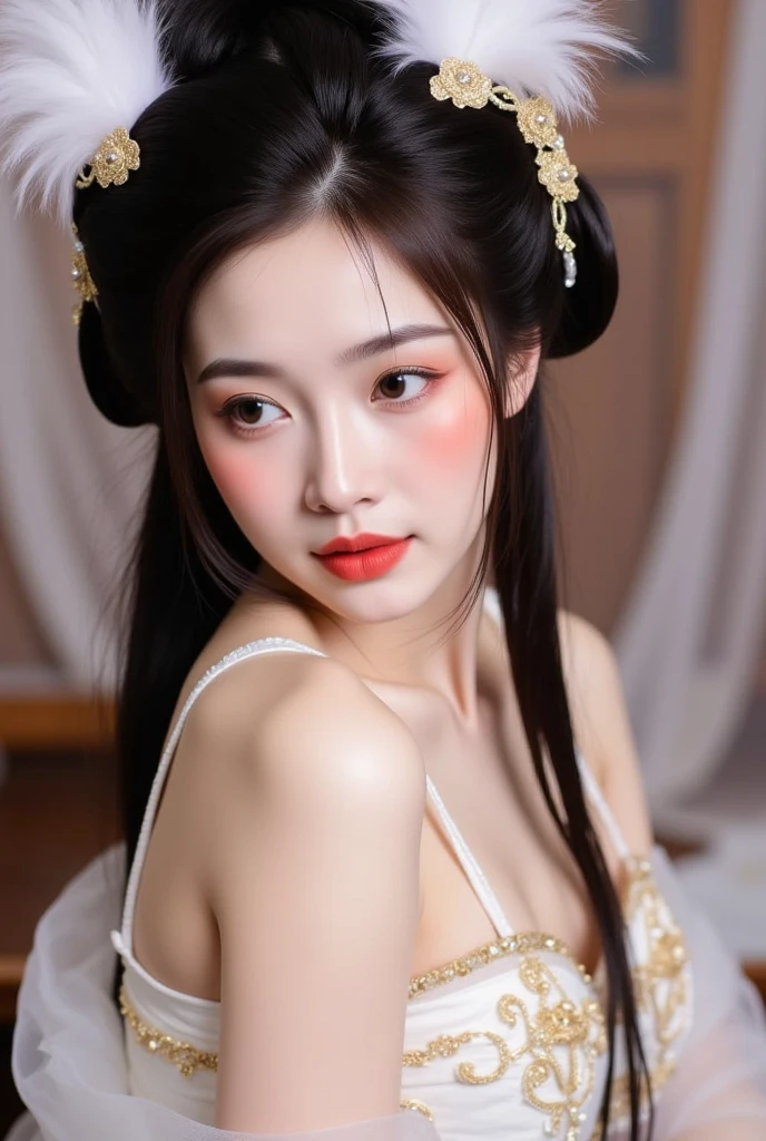 A lavish Empress of China's Qing Dynasty, sitting on a large golden sofa, Completely naked, she is facing away, showcasing her large bosom and massive rear., I see her face.（Porn Pose） Tie your hair on both sides、Beautiful Chinese empress wearing a crown、Background of kinky and erotic woman tying her hair、The story is set in the opulent rooms of the empress&#39;s palace in China during the Qing Dynasty.。.。
