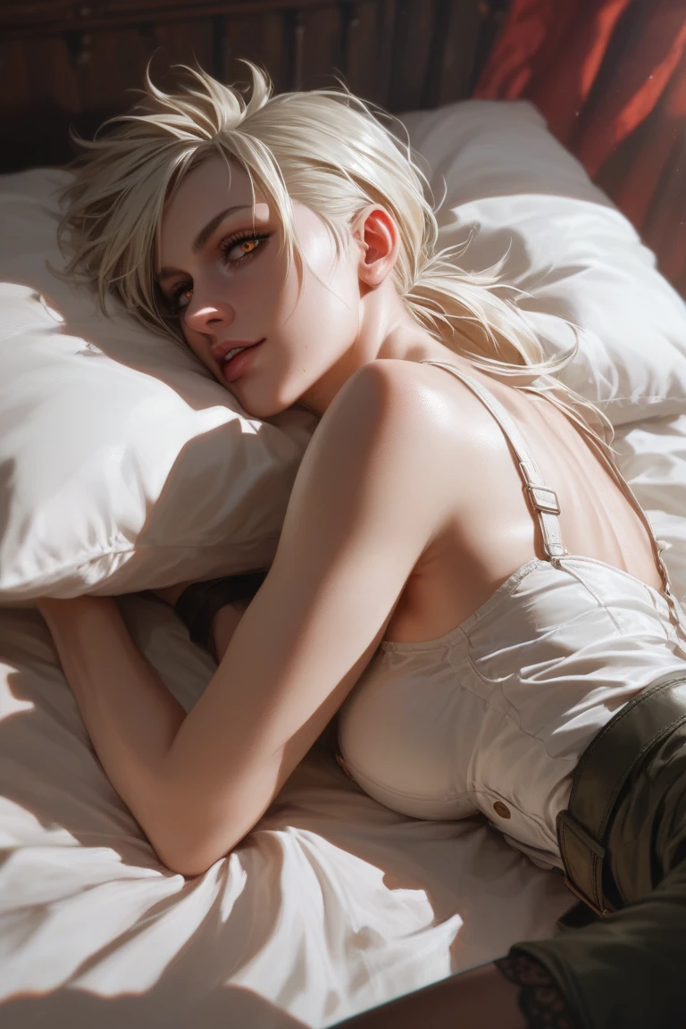 (best quality, 8k, highres, photorealistic:2.0), (solo, one girl:2.0),(lighting: front),(lighting: strong),(ultimate beautiful girl:2.0),(shiny skin:1.5),(oily skin:1.5),(platinum blonde hair:1.5),Blush brown makeup , dark eye makeup , use pink glossy lipstick,(big eyes girl:1.5),(girl amazing sex appeal:1.5),(woman crawling on all fours:1.5),(Woman crawling on all fours on a clean bed:1.5),(big breasts),(A glimpse of cleavage is visible),(A woman smiling at the viewer),(Wearing a T-shirt with deep neckline:1.5),(A woman full of eroticism)