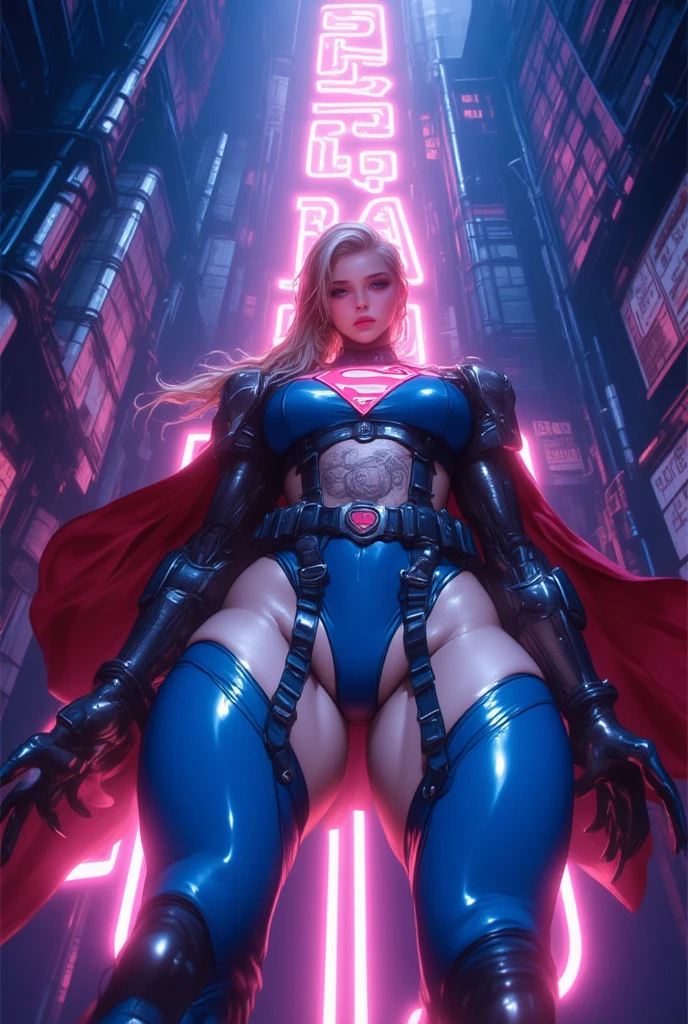 a digital painting of supergirl merging with venom, long hair, cyberpunk art by Josan Gonzalez, winner of the behance contest, afrofuturism, synthwave, neon, shiny neon, thick thighs, thin waist, sensual, nsfw, little clothing, erotic art, anime, torn battle clothes, extremely sexualized, sweaty body, NSFW, big breasts, big ass, HD, 8k, High quality, details, perfect body, Highlight the body, detail on the perfect face, detail in the background