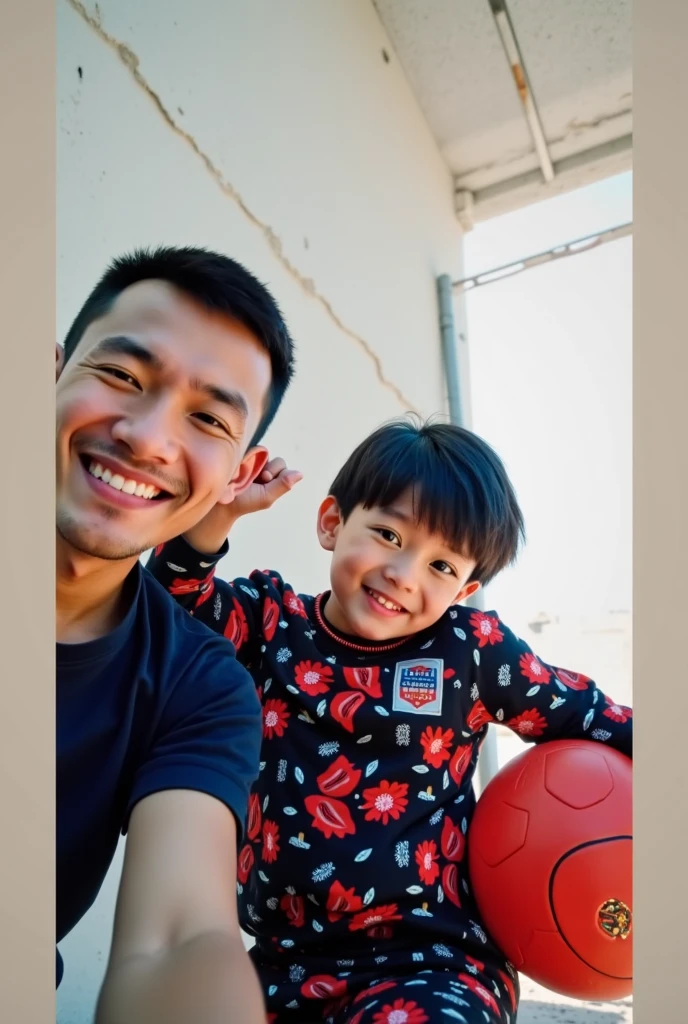 Reaslistic latino male child infant young boy small face small body wearing spiderman onesie smiling hugging tall father. Father is wearing gym clothes and sweaty and has huge pecs and big bulge large bulge. Indoors setting night time.