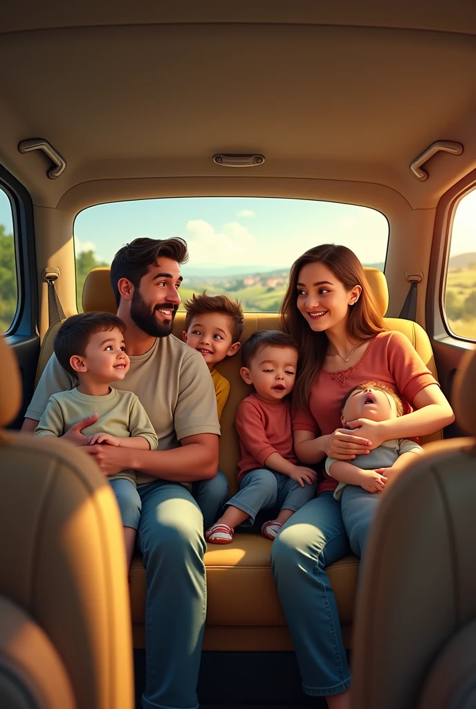 The image shows a joyful family on a road trip inside a spacious car. The parents are seated in the front, with the father driving and the mother holding a map, both smiling. In the back seats are five children, all engaged and happy. The interior of the car is bright and filled with light, indicating a sunny day outside. The children are playing with toys, and there is a box of more toys in the center console. The background shows a scenic landscape with green hills and clear skies, suggesting that the family is enjoying a pleasant journey.