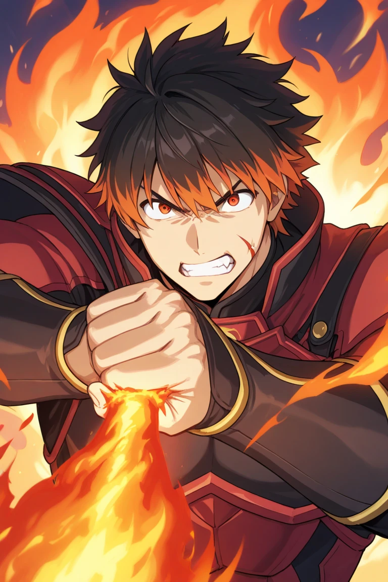 Anime male with fire power, he summon fire on his hand His face look angry. He going to fight