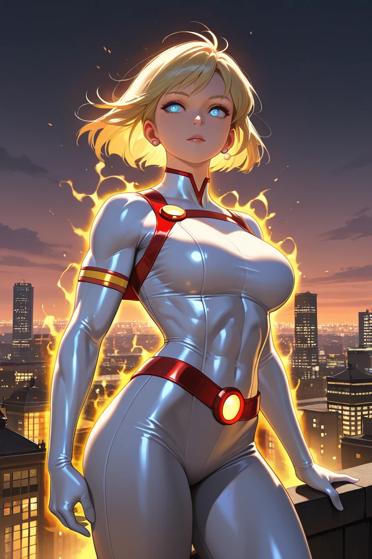 18-year-old girl, upper body, close-up, white Batman suit, long pants, (((short hair)), blonde hair, floating hair, beautiful face, lightning, city in the night, masterpiece, exquisite details, perfect anatomy