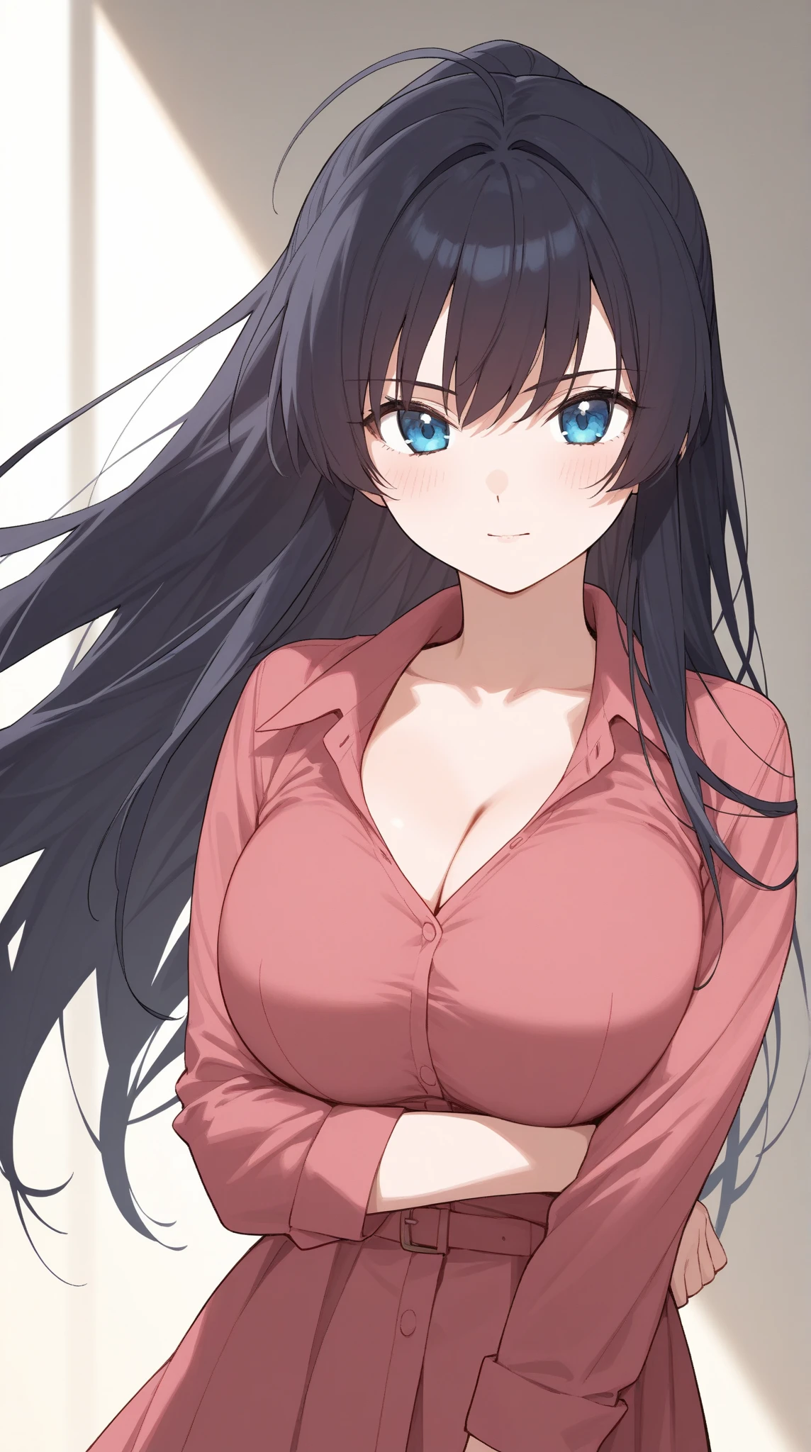 best quality, (masterpiece:1.2), detailed,
<lora:chara_Gangsta_AlexBenedetto_v1:0.8>,
1girl, solo, closed mouth, dark skin,
black hair, blue eyes, long hair,
black shirt, collared shirt, cleavage,
standing, looking at the viewer, upper body,
indoors, night