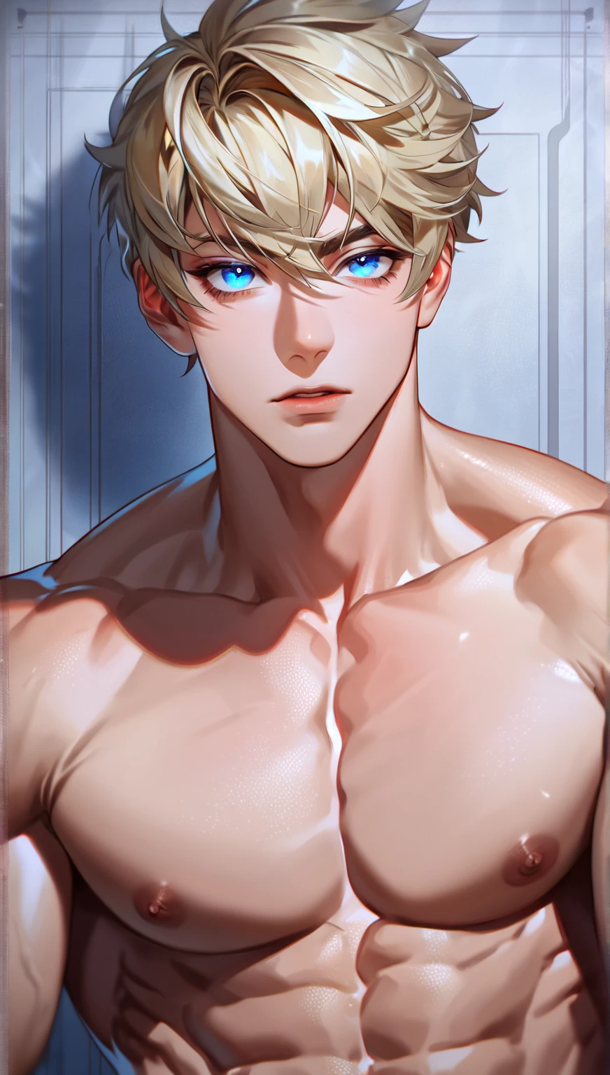 high quality, boy prostitute, detailed, Realistic, (19 years old japanese idol slave boy), (detailed blue eyes), (blond short hair), (abs:1.5), (dark shiny skin), dungeon,high class bedroom,(tiny thongs:1.4), (bulge:1.2), (detailed nipples), detailed areola,