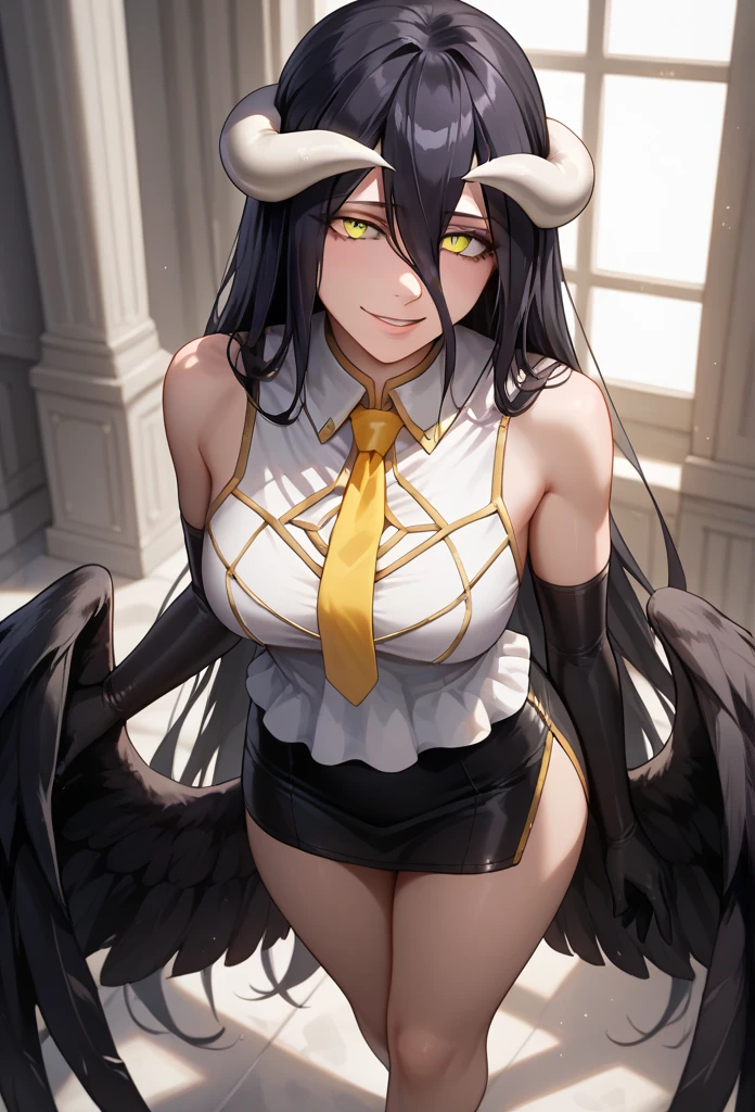 black hair, curvy body,medium breast,big hips,wearing mafia outfit,middle finger hand sign, smiling faintly,albedo,city background, midnight setting.