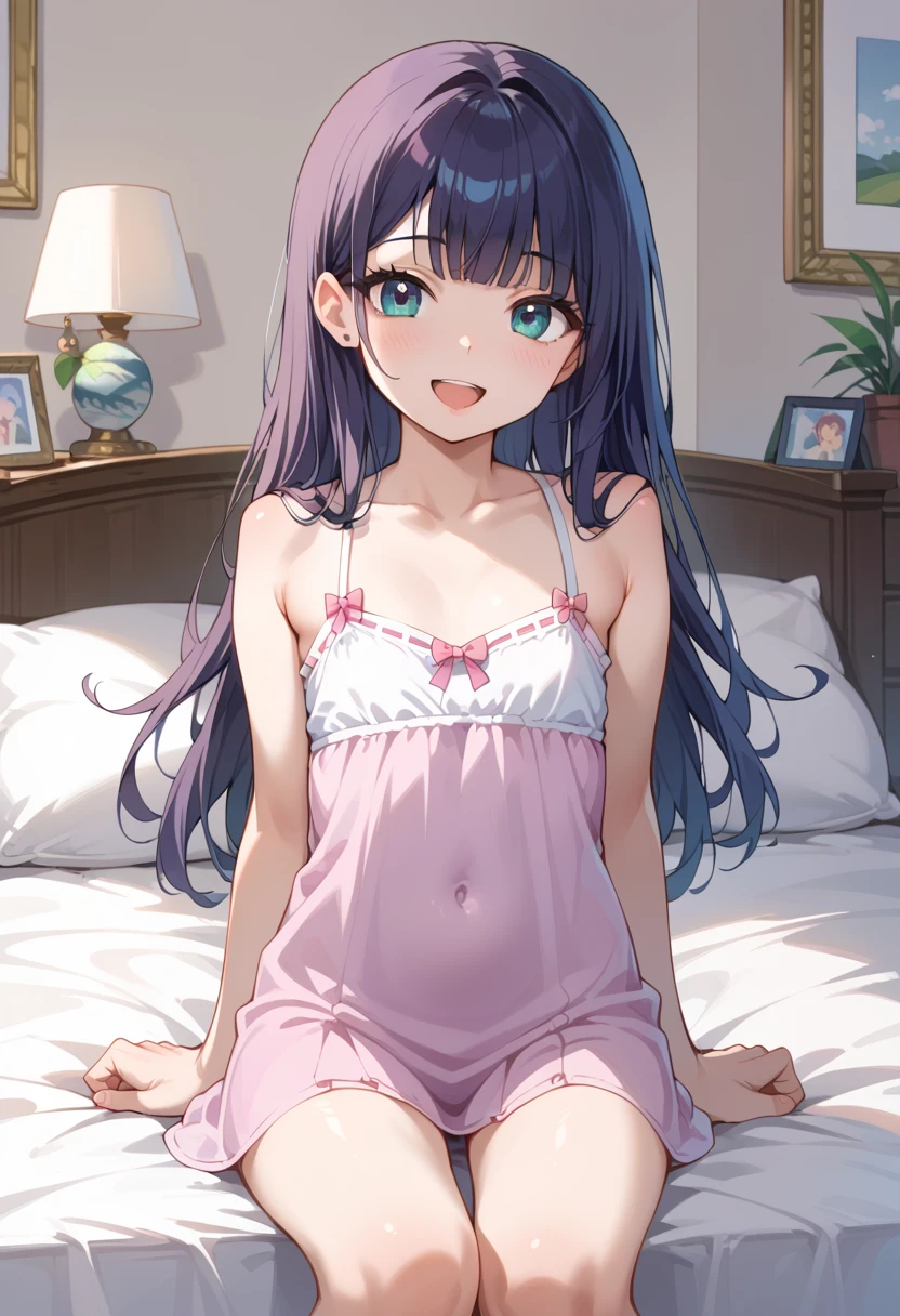 ((top quality)), ((masterpiece)), (be familiar with), completely complete, indoor, bedroom, watching viewers,
One woman, Mayumi Saegusa,
open mouth, ecstatic expression, cover, smile,
small , flat chest, Young girl, lori, ren, girl,
long hair, long hair,
opening,