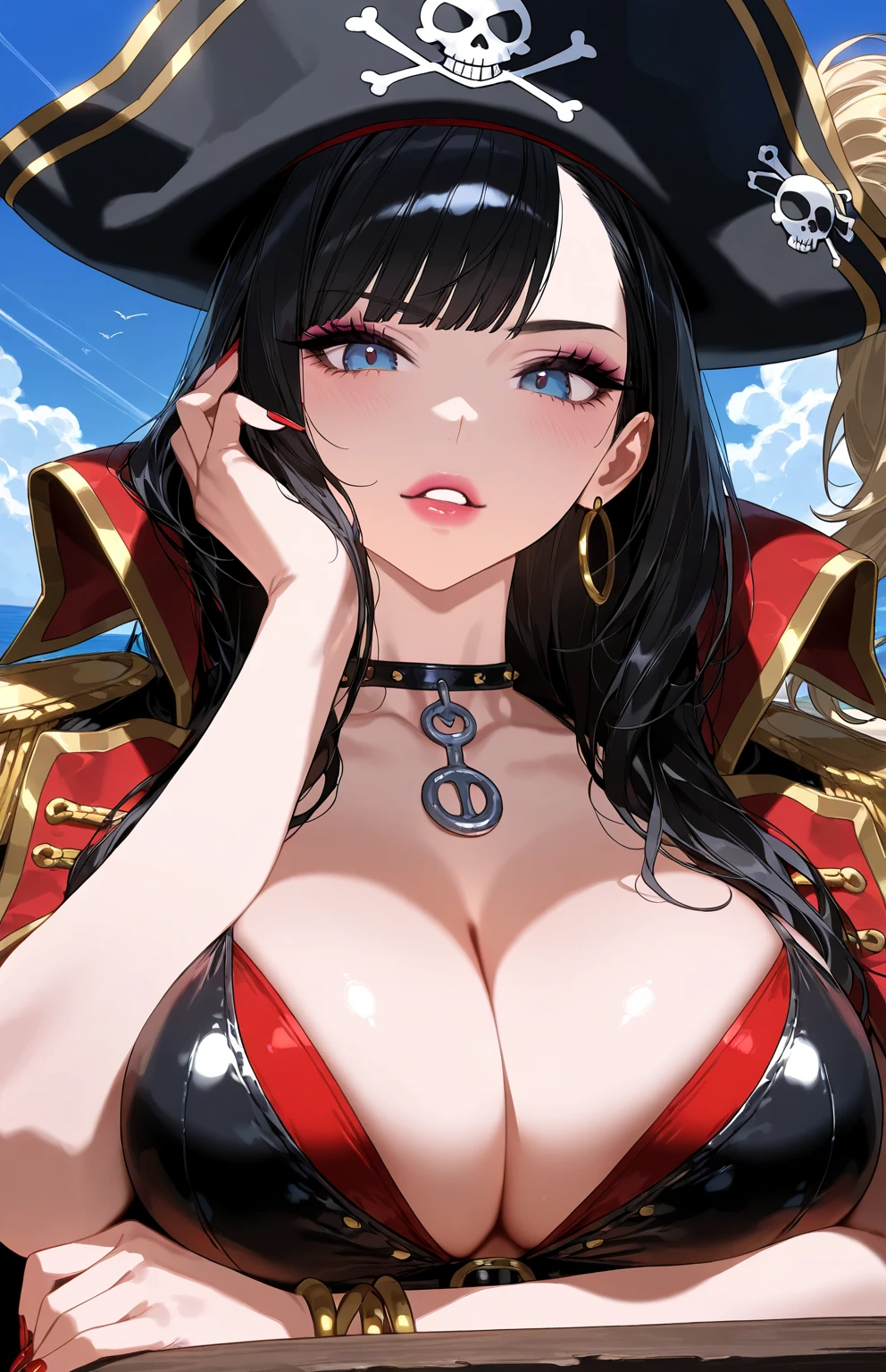 (((1 woman, 1 man,pirate,))) ,Athletic body, piratecap,(black skin), ((Transparent clothes)),((wet clothes)) white gloves, gray hair, long hair,green eyes, droopy eyes,ache, sedentary, I see breasts,,,fat body, vaginal exposure, ((pirate선 위)), Clear outlines, short sleeve, best quality, masterpiece, (((kiss)))