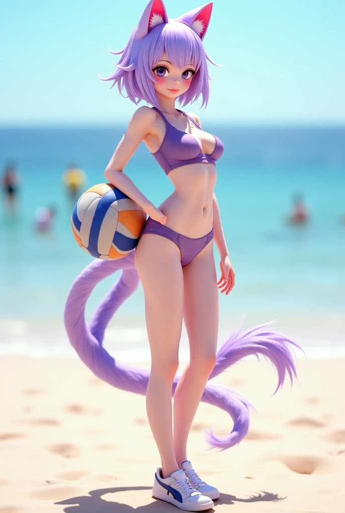 Kai'sa, masterpiece, beautiful, alloy of legends, bikini, beach, 8k, realistic, masterpiece, black bra with white, orange eyes, cat ear, purple hair, back, playing volleyball, collared panties, big breasts, bikini ,Sciamano-style Sciamano, yellow panties, tan, brunette smiling, --auto