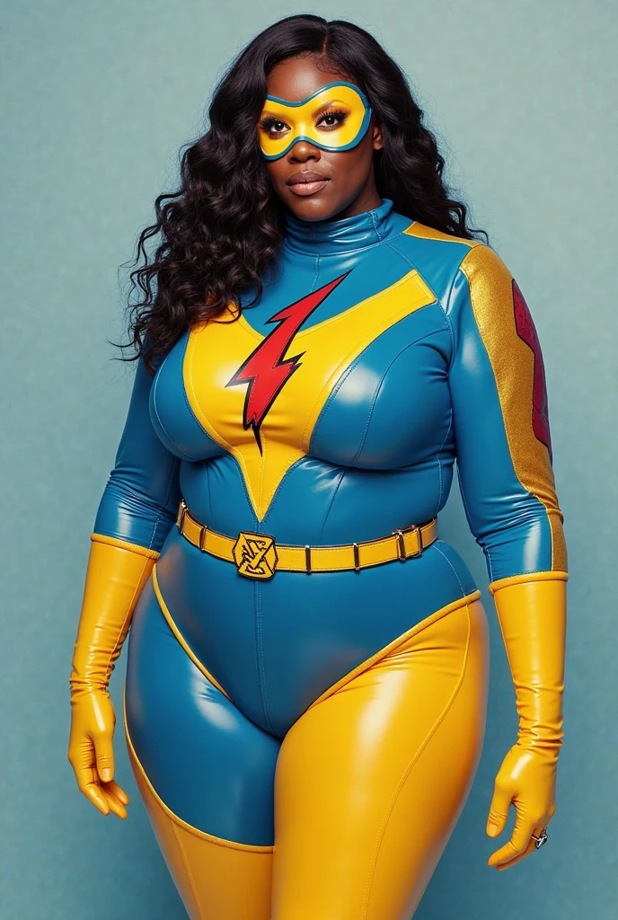 Whoopi Goldberg wearing superhero costume, blue and black uniform.