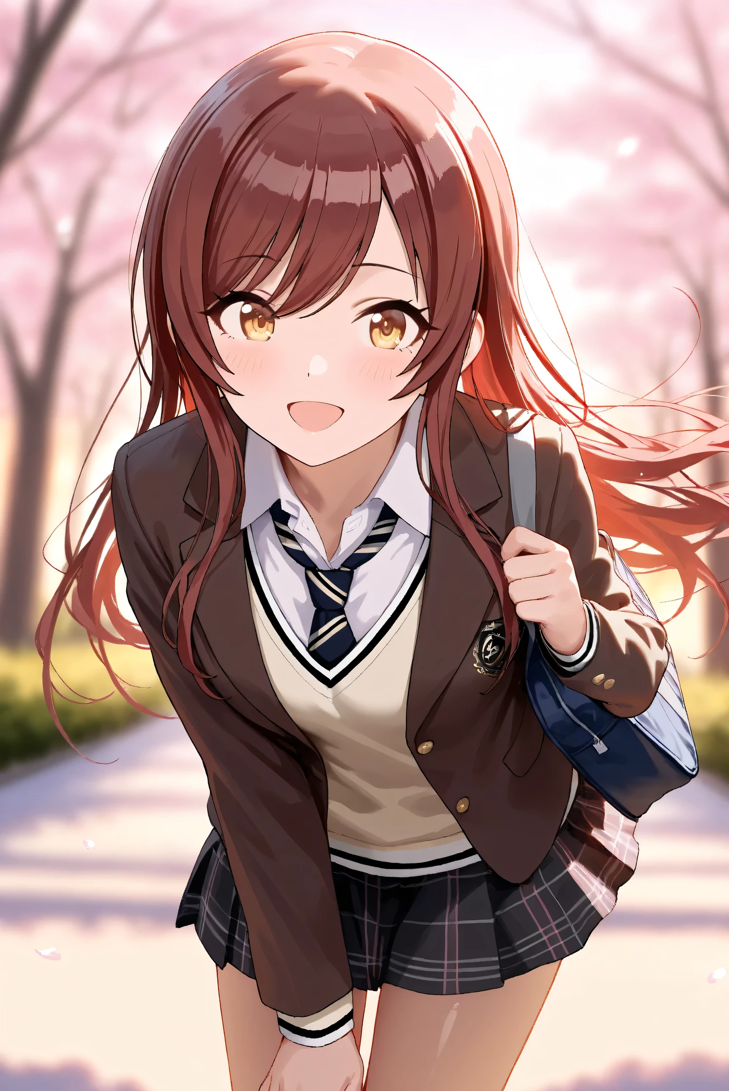 (Masterpiece), (Highest quality), (Very detailed), 
(The best shape), (Best Shadow), (Absurd), 
(Detailed background), (So beautiful), Shiny , 
Extraordinary, Countershading, 8k, 32K, High resolution, Beautiful eyes in every detail,
Very Detailed CG, UHD,

Score_9, Score_8_up, Score_7_up, Source_anime, 
(Pastel painting:1.2), (Watercolor painting:1.2),
(Masterpiece, Detailed:1.2), (Foreshortening:1.2),

Cinematic, Dramatic, (Depth of field:1.4),
(Blurry background:1.4), (Realistic background:1.4),
Dynamic angle, 1 girl, backlighting, from back,
Outdoor, Spring, (Cherry blossoms:0.8), (Evening:1.2),
Wind, Nature,

Osaki Amana,
the idolmaster shiny colors,
amanaosaki,
red hair, brown hair, yellow eyes,

(School uniform:1.3),
Blazer, Brown blazer,
Sweater, Khaki sweater,
formal shirt, White collar shirt, tie, black tie,
miniskirt, black skirt, Checkered Skirt,
School bag,

Portrait, Focus on face, 
(Blush:1.3), Happy,
Leaning forward, talking to viewer,
Realistic skin, Shiny skin,
