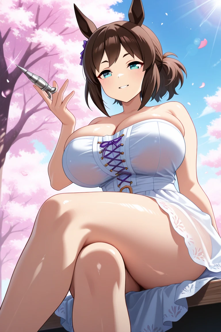 best quality, high resolution, 1girl, (huge breasts:1.2), Beautiful face, smile, mamako_oosuki, long hair, brown hair, purple eyes, mature female, bright pupils, ribbon, white gloves, white dress, cleavage, grass, from side