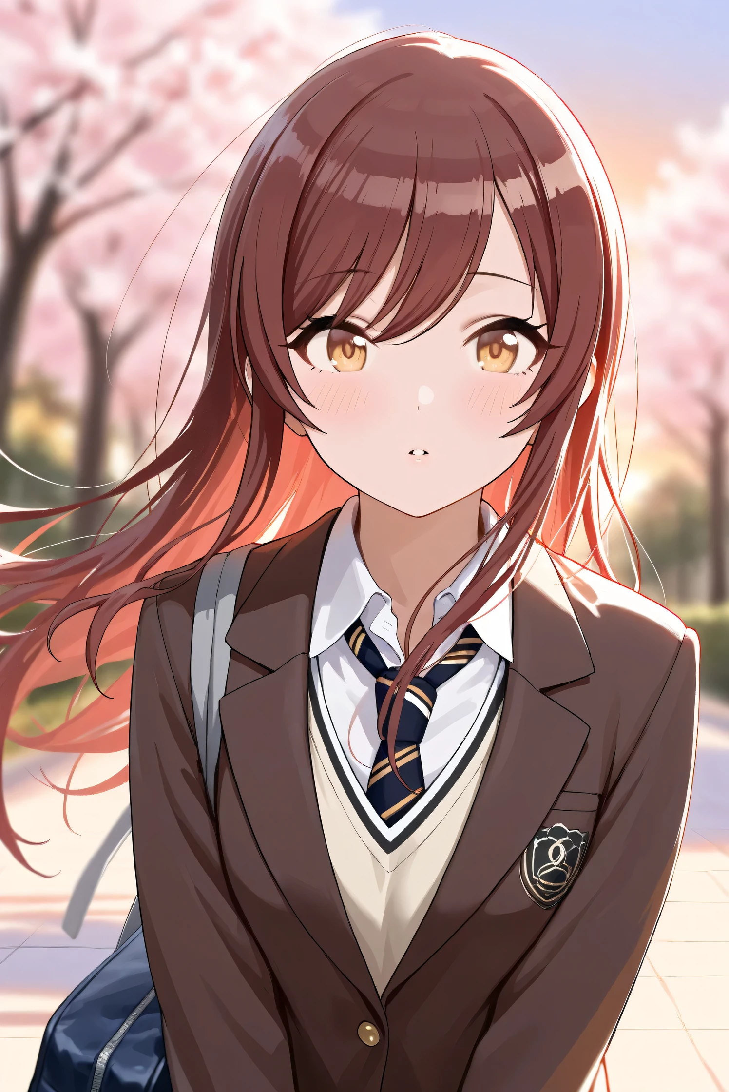 (Masterpiece), (Highest quality), (Very detailed),
(The best shape), (Best Shadow), (Absurd),
(Detailed background), (So beautiful), Shiny ,
Extraordinary, Countershading, 8k, 32K, High resolution, Beautiful eyes in every detail,
Very Detailed CG, UHD,
Score_9, Score_8_up, Score_7_up, Source_anime,
(Pastel painting:1.2), (Watercolor painting:1.2),
(Masterpiece, Detailed:1.2), (Foreshortening:1.2),
Cinematic, Dramatic, (Depth of field:1.4),
(Blurry background:1.4), (Realistic background:1.4),
Dynamic angle, 1 girl,
Outdoor, Spring, (Cherry blossoms:0.8), (Evening:1.2),
Wind, Nature,
Osaki Amana,
the idolmaster shiny colors,
amanaosaki,
red hair, brown hair, yellow eyes,
(School uniform:1.3),
Blazer, Brown blazer,
Sweater, Khaki sweater,
formal shirt, White collar shirt, tie, black tie,
School bag,
Portrait, Focus on face,
(Blush:1.3), Parted lips,
Realistic skin, Shiny skin,