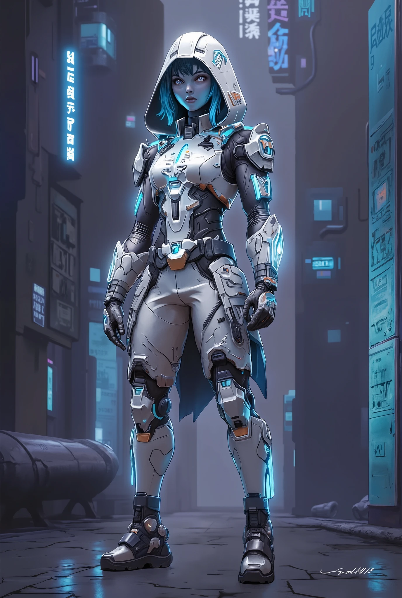 A vibrant, detailed and futuristic full body illustration showcasing a 21-year-old Caucasian female game character dressed in a futuristic, mech-like silver hooded armor jacket over a glowing neon blue top, silver armor pants and futuristic armor boots with glowing blue assets. Her striking features showcased in a dynamic stance. The artwork adopts a detailed graphic style, featuring a neon color palette set against a grey citydscape backdrop contrasting her glowing blue and silver armor, producing a captivating visual effect. The character's gaze exudes determination, while the interplay of soft and bold hues elevates the visual impact. This composition merges futuristic cyberpunk art aesthetics with a sci-fi mecha atmosphere. An image worthy of a great video games' cover