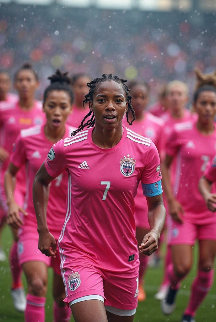 high resolution photo of (1 woman) standing on a soccer field, (4k photo quality), busty, black girl with a buzz cut, detailed eyes, wearing soccer clothes, busty, expressive face, thick thighs, close up, photorealistic texture, (dim lighting)