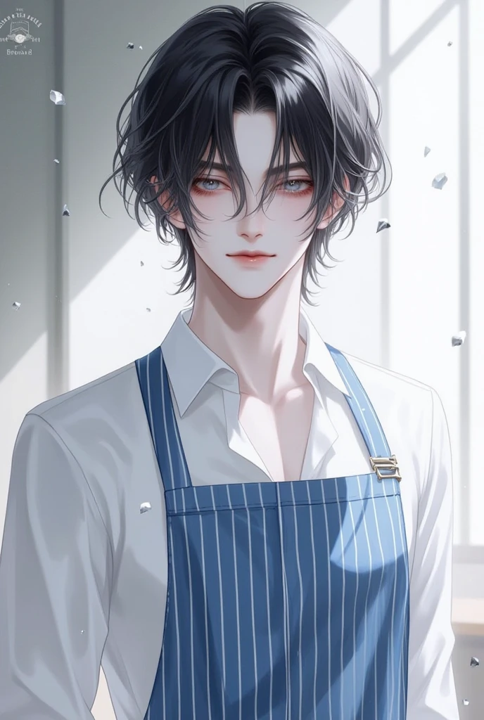 portrait,1 boy,eyes look at camera, (Wearing apron, holding a kitchen knife, blood on face, half closed eyes,dark room),in kitchen,dramatic shadow,Ray tracing, Best quality, Cinematic lighting,